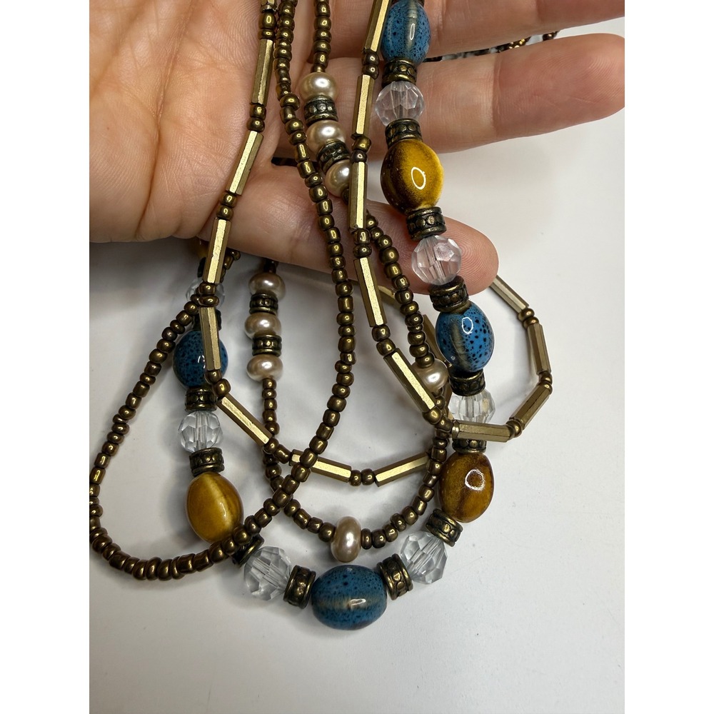 Bohemian Multi Strand Beaded Necklace Bronze Tone Blue Yellow Pearl Layered